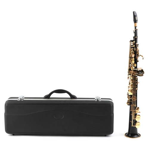 2578 - An American Opus black lacquered brass soprano saxophone, 70cm in length, with hard case.
