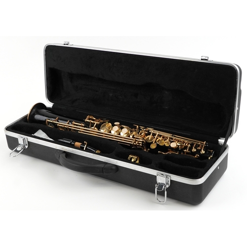 2578 - An American Opus black lacquered brass soprano saxophone, 70cm in length, with hard case.