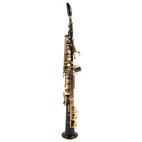 2578 - An American Opus black lacquered brass soprano saxophone, 70cm in length, with hard case.