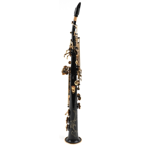 2578 - An American Opus black lacquered brass soprano saxophone, 70cm in length, with hard case.