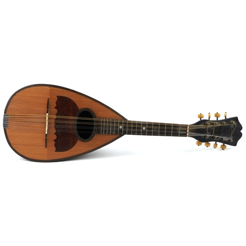 2581 - An early 20th century rosewood mandolin with bone tuning handles and mother of pearl fret markers, 6... 