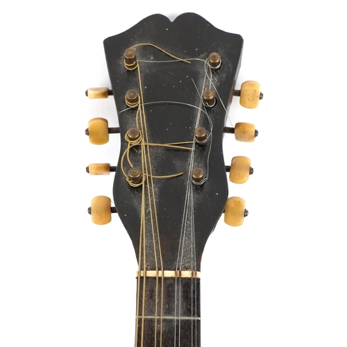 2581 - An early 20th century rosewood mandolin with bone tuning handles and mother of pearl fret markers, 6... 