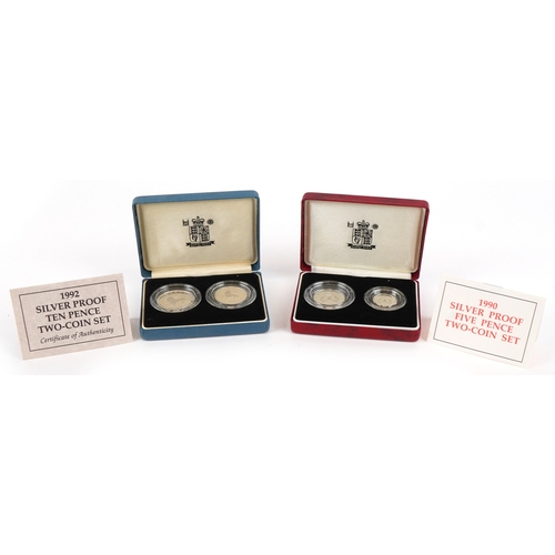 1150 - Two silver proof two coin sets comprising five pence and ten pence, with certificate of authenticity... 