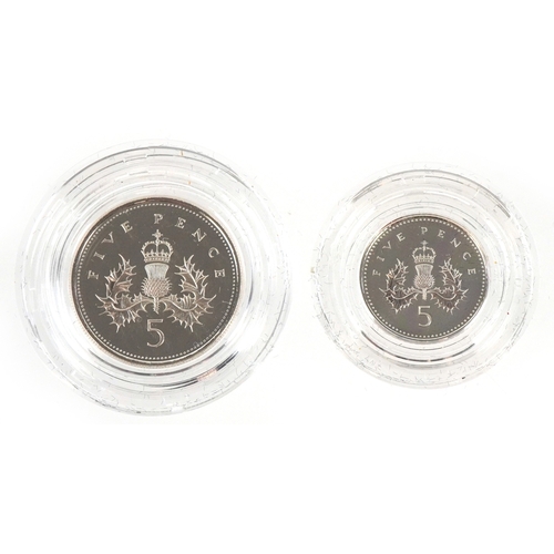 1150 - Two silver proof two coin sets comprising five pence and ten pence, with certificate of authenticity... 