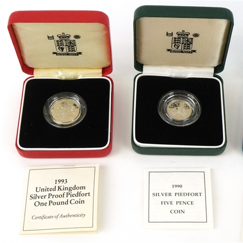 1148 - Five Royal Mint silver proof Piedfort silver coins including two one pound coins, fifty pence commem... 