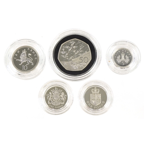 1148 - Five Royal Mint silver proof Piedfort silver coins including two one pound coins, fifty pence commem... 