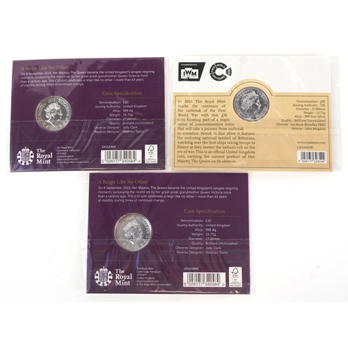 1136 - Three twenty pound .999 fine silver coins, two dated 2015 commemorating The Longest Reigning Monarch... 