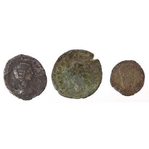 1083 - Three Roman coins, a silver denarius with Julia Domner, wife of Emperor Septimius Severus and two br... 