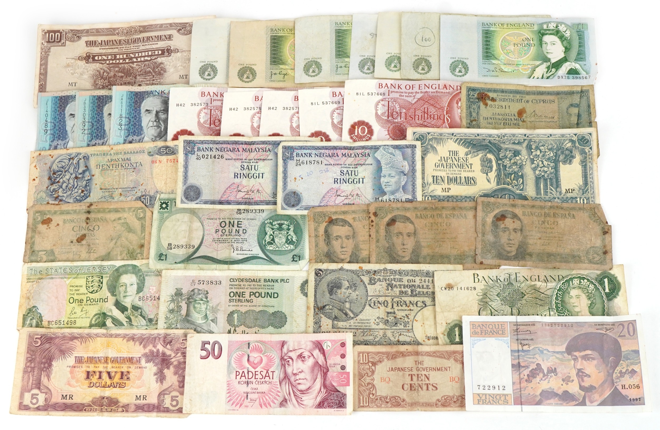 Vintage British and world banknotes including six 1960s ten shilling ...