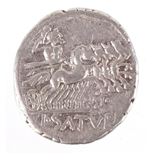 1076 - A Roman Republic circa 104 BC Lucius Appuleius Saturninus silver denarius coin, 19mm in diameter, 3.... 