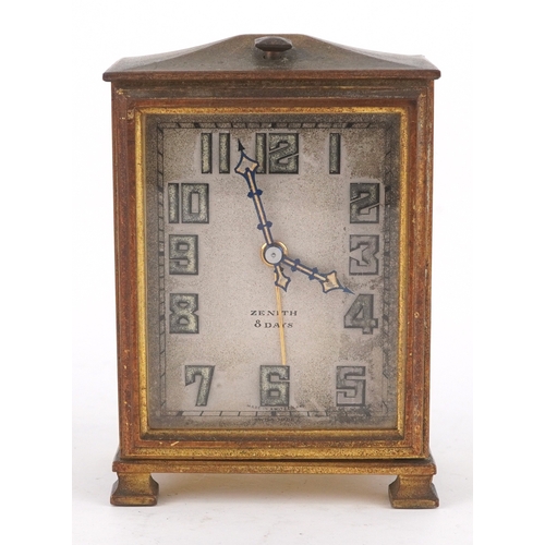 24 - Zenith, An Art Deco brass cased Zenith eight day alarm clock with leather travel case, the clock 9cm... 