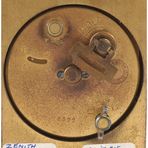 24 - Zenith, An Art Deco brass cased Zenith eight day alarm clock with leather travel case, the clock 9cm... 