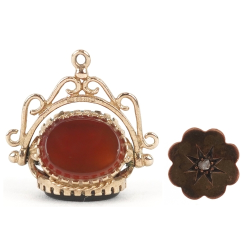 3228 - A 9ct gold carnelian, bloodstone and onyx spinner fob, 1.8cm high together with an unmarked gold dia... 