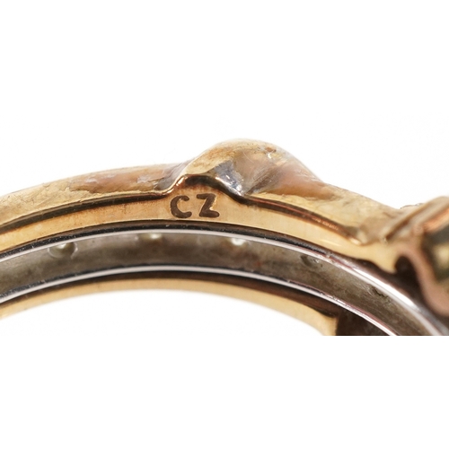 3293 - A 9ct white and yellow gold cubic zirconia and blue spinel ring with a detachable band, size N, 3.4g... 