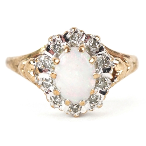 3138 - A 9ct gold cabochon opal and diamond cluster ring, size K, broken, 1.9g.