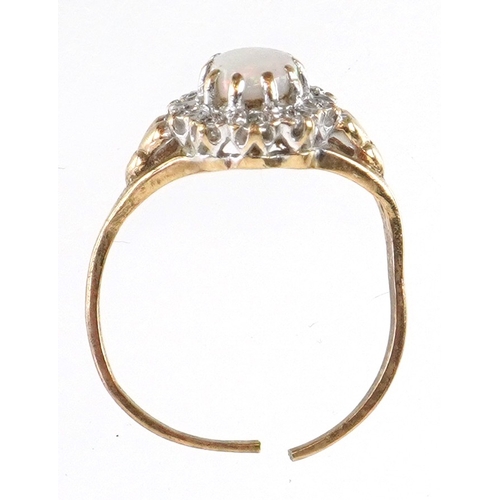 3138 - A 9ct gold cabochon opal and diamond cluster ring, size K, broken, 1.9g.