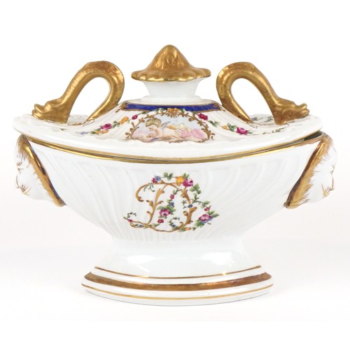 1704 - A Sèvres style continental porcelain pedestal tureen hand painted with panels of Putti and decorated... 
