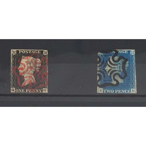 1268 - A Victorian 1840 Penny Black QG with red Maltese cross and an 1840 Two Penny Blue ED with a black Ma... 