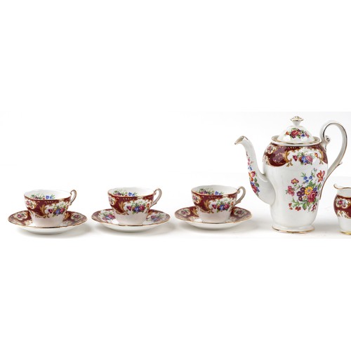 653 - A Royal Standard Lady Fayre patterned six place coffee service, the coffee pot 18cm high