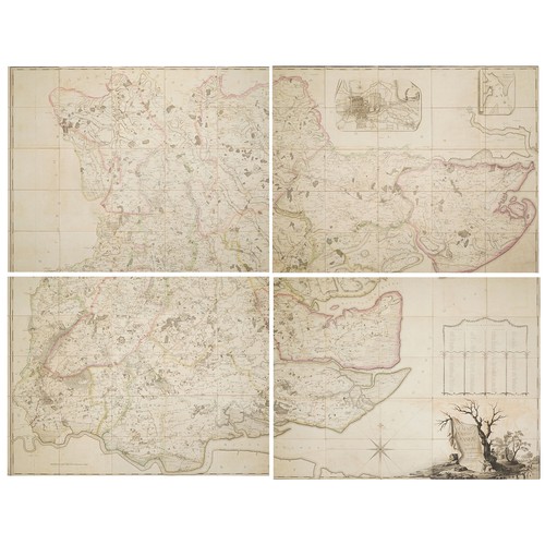 A large 18th century linen backed map of Essex by John Chapman and Peter André dated 1777, in four parts with leather case, 290cm x 290cm.