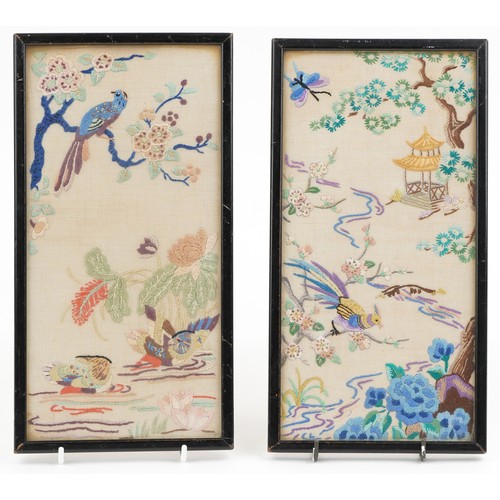 571 - Two Chinese embroidered panels with birds of paradise amongst foliage, each framed and glazed, 28cm ... 