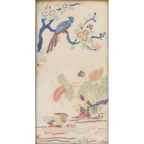 571 - Two Chinese embroidered panels with birds of paradise amongst foliage, each framed and glazed, 28cm ... 