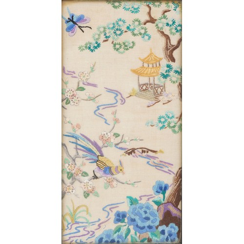 571 - Two Chinese embroidered panels with birds of paradise amongst foliage, each framed and glazed, 28cm ... 