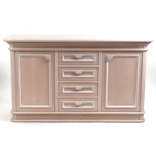 2175 - A modern suite of pink painted dining room furniture comprising a side cabinet, corner cabinet, tabl... 