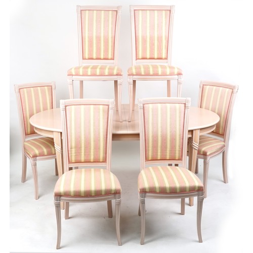 2175 - A modern suite of pink painted dining room furniture comprising a side cabinet, corner cabinet, tabl... 