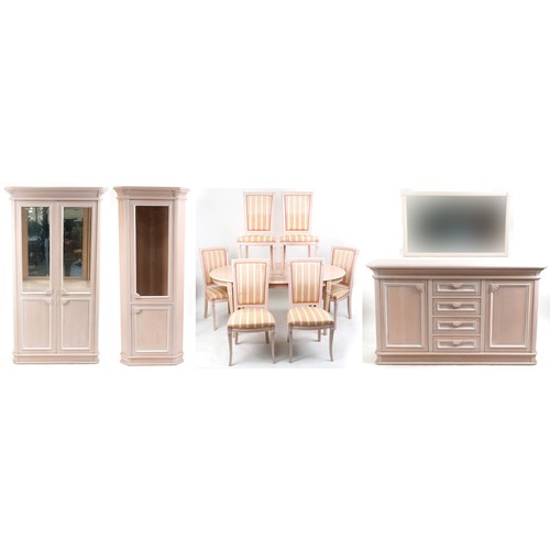 2175 - A modern suite of pink painted dining room furniture comprising a side cabinet, corner cabinet, tabl... 
