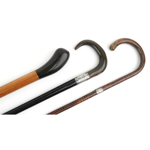 421 - Three early 20th century walking sticks, one with horn handle, including an ebonised example with a ... 