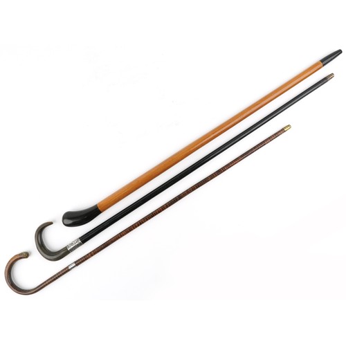 421 - Three early 20th century walking sticks, one with horn handle, including an ebonised example with a ... 