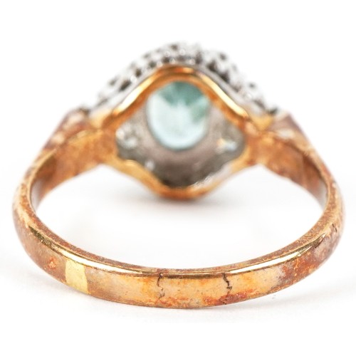 3273 - An 18ct gold blue topaz and diamond cluster ring, size L, 4.2g.