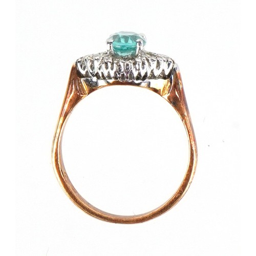 3273 - An 18ct gold blue topaz and diamond cluster ring, size L, 4.2g.