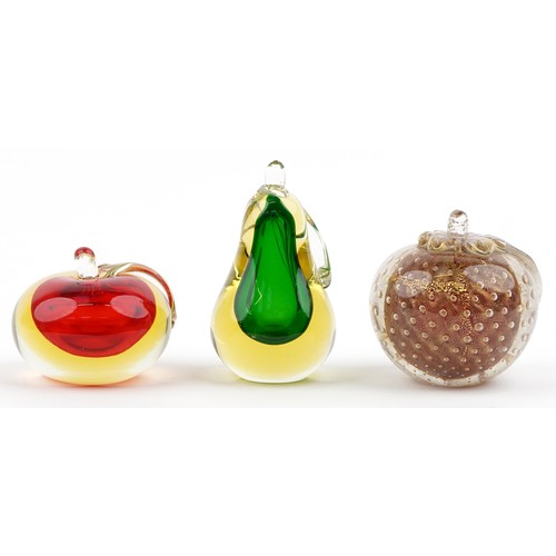 640A - Three Murano glass paperweights in the form of fruit, the largest W-10cm
