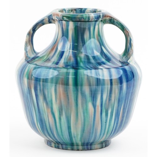 1667A - A Japanese Awaji twin handle pottery vase, circa 1930, with a green and blue glaze, H-19cm
