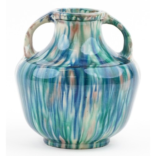 1667A - A Japanese Awaji twin handle pottery vase, circa 1930, with a green and blue glaze, H-19cm