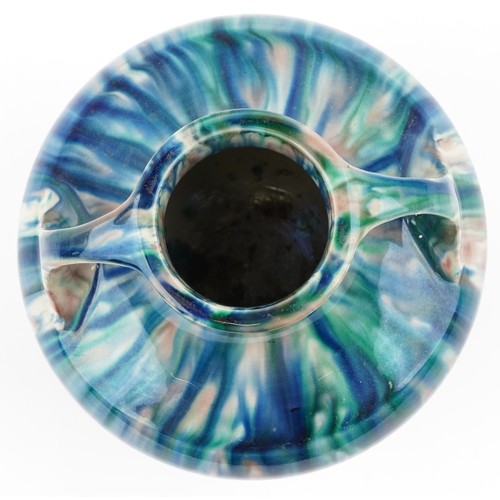 1667A - A Japanese Awaji twin handle pottery vase, circa 1930, with a green and blue glaze, H-19cm