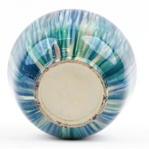 1667A - A Japanese Awaji twin handle pottery vase, circa 1930, with a green and blue glaze, H-19cm