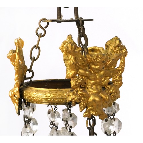 2194 - A set of four early 20th century gilt metal ceiling lights with cut glass drops, 75cm high x 36cm in... 