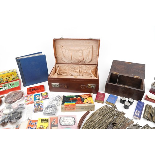1804 - Antique and later sundry items including a travelling vanity case, card games, a child's sewing mach... 