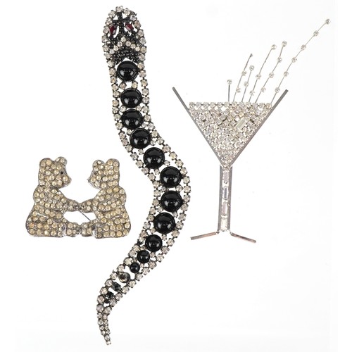 3556 - Butler & Wilson brooches including a cocktail and a serpent, the largest 17cm in length, total 62.9g... 