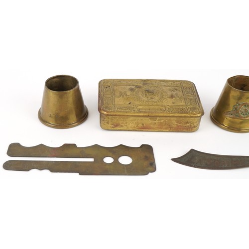 2803 - British militaria including a Christmas 1914 Mary tin, button cleaning tool and trench art, the larg... 