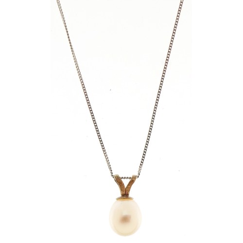 3266 - An unmarked gold cultured pearl pendant on a 9ct white gold necklace, 1.0cm high and 46cm in length,... 