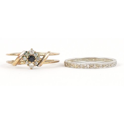 3293 - A 9ct white and yellow gold cubic zirconia and blue spinel ring with a detachable band, size N, 3.4g... 