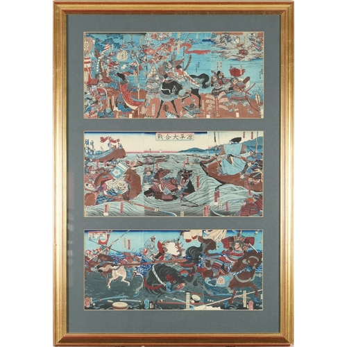  A set of three Japanese tryptic woodblock prints by Utagawa Kuniyoshi, 19th century, framed as one, ... 