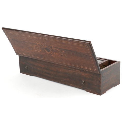 45 - A late 19th century Swiss rosewood and boxwood line inlaid cased cylinder music box, 13cm H x 53cm W... 