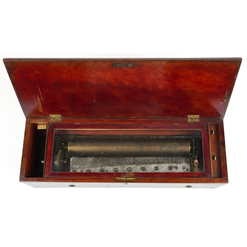 45 - A late 19th century Swiss rosewood and boxwood line inlaid cased cylinder music box, 13cm H x 53cm W... 