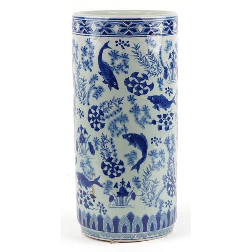 167 - A Chinese cylindrical blue and white porcelain stick stand, modern, decorated with carp, bearing fou... 