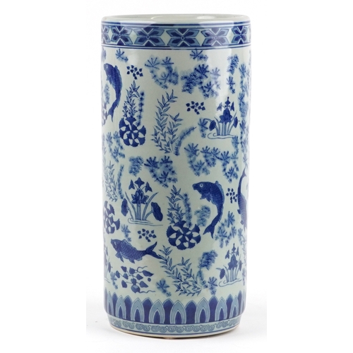 167 - A Chinese cylindrical blue and white porcelain stick stand, modern, decorated with carp, bearing fou... 